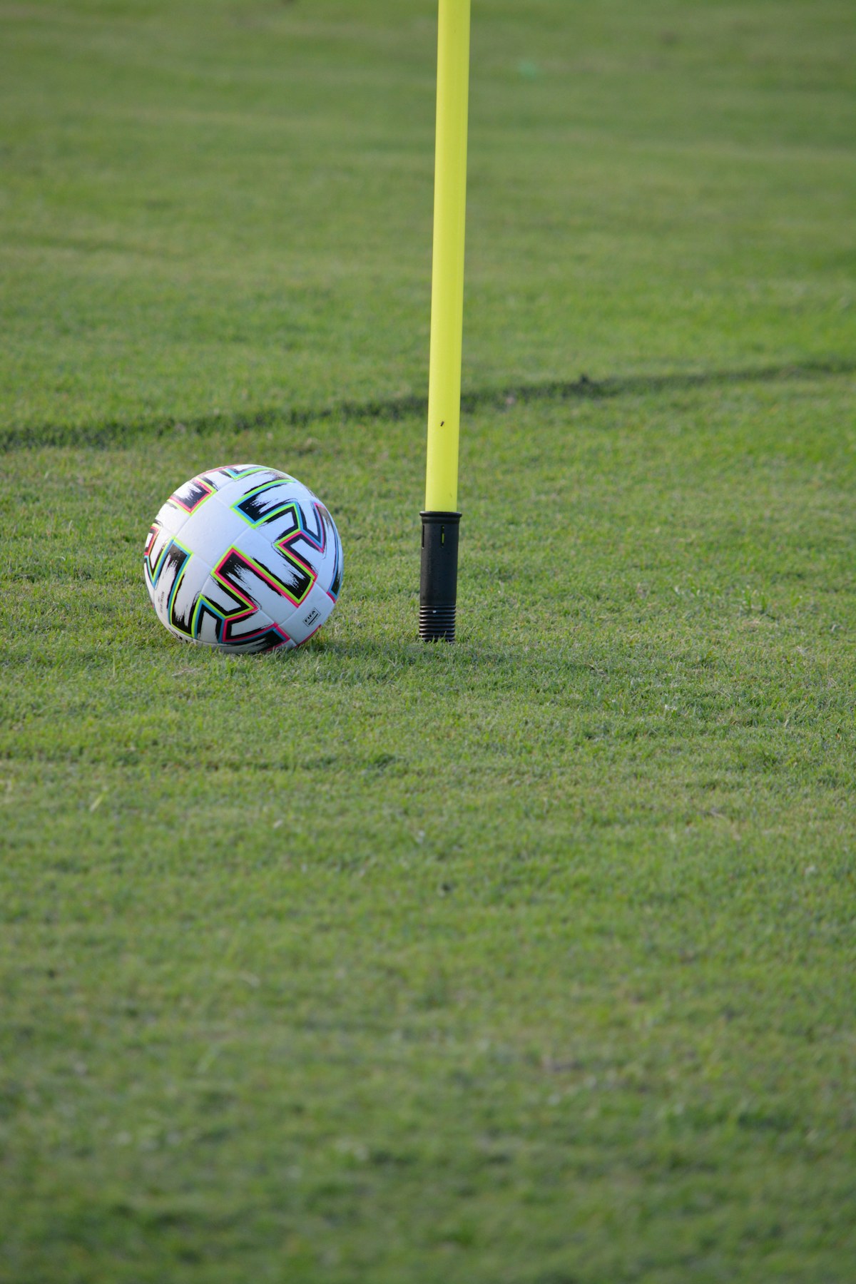 Fußball neben einer Trainingsstange auf dem Rasen